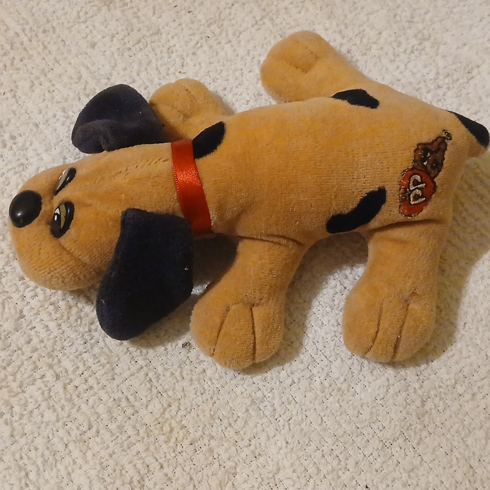 Tan Plush Dog Toy with Black Mask and Red Collar